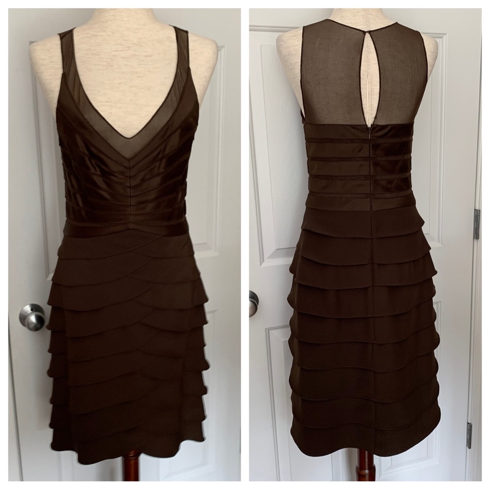 Xscape Chocolate Brown Silky Cocktail Formal Party Dress Sheath Sheer Layer Sz 8